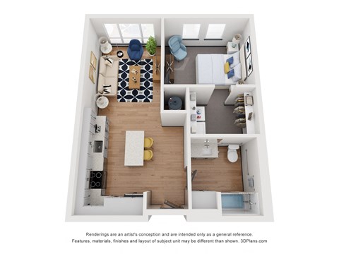 Floor plan for 1 bed, 1 bath, 770 sqft